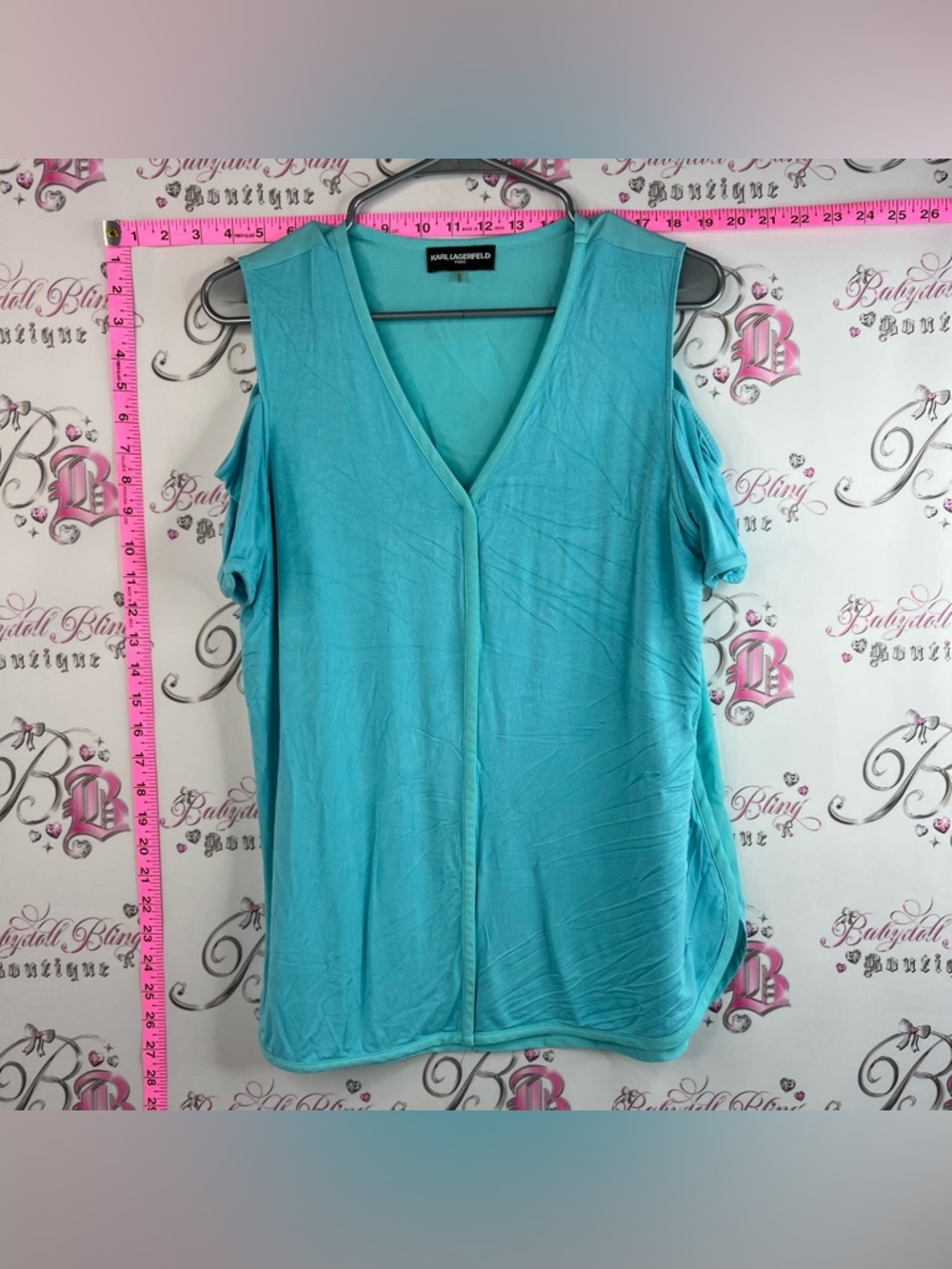 Karl Lagerfeld T-shirt open cut outs arm Turquoise Cold-Shoulder V-Neck Blouse